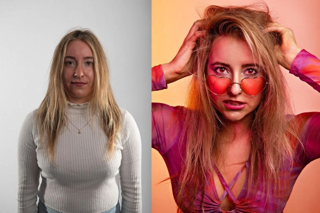 Before and after comparison of a model showing natural versus styled portfolio shots